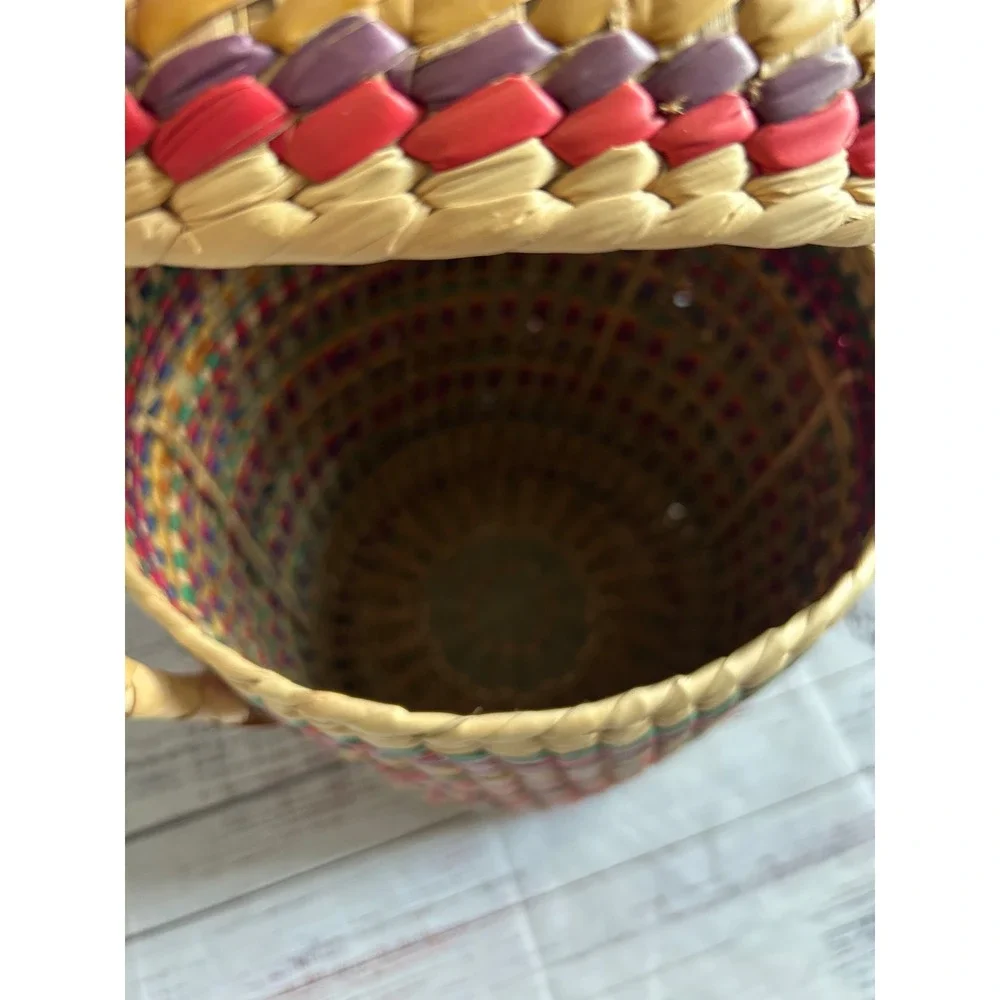 VTG Woven Snake Charmer Basket Boho Multicolor Striped Braided Handle Storage